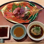 鮪とボラのお造り：あん肝ポン酢・酢味噌・醤油で