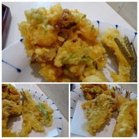 銀座 天一 博多店 - ＊上：かき揚げ。小エビなどが入っています。 ＊左下：キスなど。 ＊右下：しめじなど。