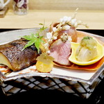 祇園 にし -  銀ダラの幽庵焼き 鴨ロース あん肝 カキナマス かきたまご 昆布とそばのへた