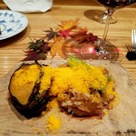 フカヒレと九条ネギとチーズのリゾット、蒸し蝦夷アワビ添え