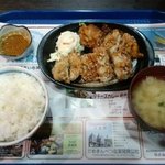 北海道 大空食堂 - 若鶏のザンギ定食～山わさびのしょうゆ漬け添え(ごはん大盛＆ミニトマト食べちゃったあと・・・スミマセン)