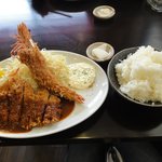 とんかつ ひろ喜 - 特選ロースとんかつ＆海老フライ定食1200円　※ご飯は大盛りにしたので、50円増し（1250円）