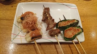 Kushidori - 姫竹の豚巻き、イベリコ豚の中落ち、ピーマン肉詰め