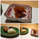 みえ田 - ◆上：バフンウニの味噌漬け・・これ美味しい。これだけで呑めます。 ◆下：香の物。沢庵の上部に丁寧に包丁が入っています。