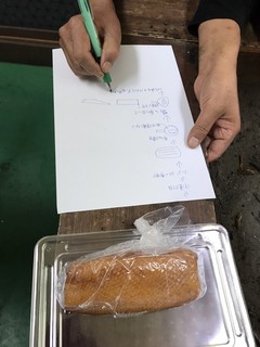 Kushiya - マガモのローストを家で食べるときの説明書を書いてもらっています