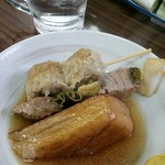 いこい - おでん（練り物、ネギマ、しゅうまい）＠108円×3