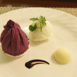 レストラン　ボスコ - （２日目デザート）読谷紅芋のモンブラン風　沖縄ラムの生チョコ　シークワーサー・ヨーグルトのソルベ