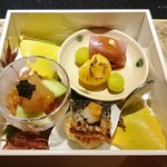 La BOMBANCE - 秋刀魚焼おにぎり 染め卸し 車海老老酒漬け 胡瓜 くらげ キャビア 煮鮟鱇肝牛ロール 新銀杏 丸十スイートポテト