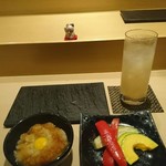 銀座とりや幸 - 焼き野菜と、大根おろしに うずらの卵がのってるの。