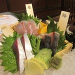 Sandaime Amimoto Uo Sensui San - 魚は地魚の刺身サワラ、スズキ、ハマチの３種盛り９９０円です。
                        
                        鳥取最初のお酒を駅前で楽しみ宿へと向かいました。
                        