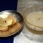 野嵯和 - 牡丹海老の揚げ物と甲殻スープが絡まり、まさに甲殻類な風味が口に広がります