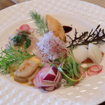 レストラン土手 - ＜5月＞鮎の春巻き、タイラギ貝のソテー、針イカの梅ドレッシング、スズキのあらいのハーブマリネほか