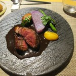 eclat - 黒毛和牛、トリュフソース、マッシュルーム（ホットベラ）、栗かぼちゃ、大根、アスパラガス