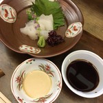 下谷 屋久水 - カワハギの肝醤油と土佐醤油