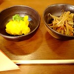 しち - お通し①かぼちゃサラダ②きんぴらごぼう