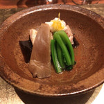 白金台こばやし - 白甘鯛 焼き蒸し、丹波の小松菜、天然ひらたけ、とろろ柚子