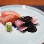 傳 - 金目鯛とモクアジの刺身　海苔餡