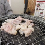 Maruhachi Horumon - 最初はお得な肉の盛り合わせ１６８０円を注文、初めに大腸と小腸のホルモンはお店の方がコンロに自ら並べて焼き方を教えてくれました。