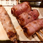 炭家 - つくねとあん肝のベーコン巻き