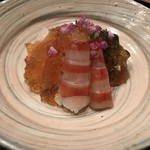 まき村 - 車海老、帆立の酢ジュレ、山芋叩き、若芽