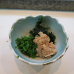 寿司栄 - 29年12月　カワハギ　肝醤油、生海苔、葱