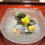 銀座 しのはら - 先付　雲丹　ぼたん海老　玉子豆腐　蝦夷アワビ　菊菜　とんぶり　土佐酢ジュレ