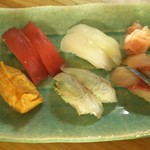 海さくら - 無理を聞いて貰った握り、サバ、イカ、ヒラメ、マグロ、そして一応、いなり。