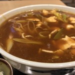 味奈登庵 - #食べログ的に撮るとこうなる。  
      カレー風味のつゆがナミナ〜ミ♡  
      そばも肉もネギもプリタツでウレシイ♡