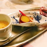 出雲・玉造温泉 佳翠苑 皆美 - 楽盛り 　鰈出雲生姜香味焼き 　クリーム茶わん蒸し雲丹銀あん 　もずく酢