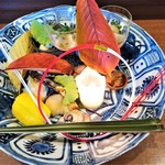 『さわらの西京焼』『子持ち鮎の甘露煮』『あん肝の味噌煮』『ふぐぶつ』など６種類が盛られた『八寸(2名盛)』～♪(*￣∇￣)ﾉ