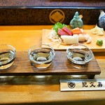 紀文寿司 - 地酒飲み比べ（梅コース） ＆ 刺身盛り合わせ