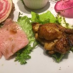 オードブル 鹿児島和牛ヒウチのカルパッチョ,若鶏のケイジャン風