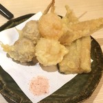 四谷 政吉 - 小海老串天、鴨つくね天各100円、アナゴ天200円