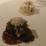 A5大和牛　剣イカ　白子　カリフラワー　チョリソー　クレソン　黒椒醤