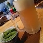 分家 無邪気 - 生ビール、枝豆（お通し）