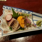 りょうりや 御旅屋 - お造り　鯛　太刀魚　雲丹　つぶ貝