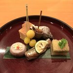 日本料理 たかむら - 玉子焼き、バイ貝旨煮旨煮、銀杏、本ししゃも、衣かつぎ、天然子持ち昆布