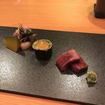 日本料理 たかむら - お浸し（もって菊 ほうれん草 えのき）、大黒しめじ、黒皮南瓜、蝦蛄の磯辺焼き、秋田錦牛亀の甲