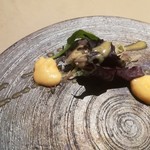 厨翠山   - 鰊のまりね あん肝ぽん酢寄せ 菊花  春菊のおひたし むかご真丈 ぱるみびゃーの掛け
      塩(五代庵  梅塩)