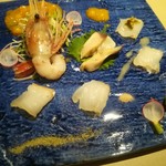 厨翠山   - お造り  ～厨の季節の一皿～   塩(出雲 藻塩)  
        鱈と オリーブ 米粉ソース  鱈 と藻塩   ほっき貝 ぼたん海老  柿のパッションフルーツソース