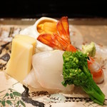 お造り（車海老、海胆、平目、筍）（2017/4）