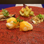 野嵯和 - 牡蠣オリーブオイル漬け、いわし、剣先イカ、このわた、赤貝下仁田ねぎ酢味噌和え