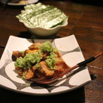 久遠の空 - 横隔膜（ハラミとサガリ）のウニ和え 山葵 海苔で巻いて 