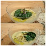 東 - ＊蕎麦のパスタと牡蠣や鮑の肝を使用したソース。 このソースが牡蠣や鮑の旨みが凝縮されていて美味しいこと。