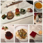 ザ 白梅クラシックガーデン 懐石 白梅 - 忘年会のコース⭐️前菜の後にかぼちゃのスープとパンΣ(-᷅_-᷄๑)これでお酒は飲めないなw鱸のポワレも、お肉も美味しかったです