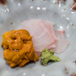 うを徳 - 2017.12 お造り（白川甘鯛、函館と釧路のバフンウニのジョイント）