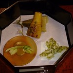 うかい鳥山 - 焼竹の子、ひろっこ酢味噌、ふきのとう天婦羅