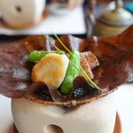 行楽庵 - 近江牛、蓮根餅の焼物（2017/12）