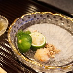 行楽庵 - 鱧のお造り、鱧のうるか、肝、腸（2017/8）