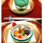 四季亭 - 前菜(ずわい蟹寿司とサーモンが美味しかった)